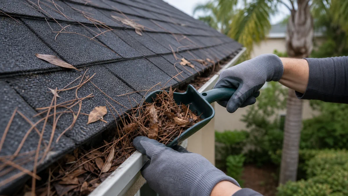 Close-up debris and edge detail matter more than a generic clean-gutter promise.
